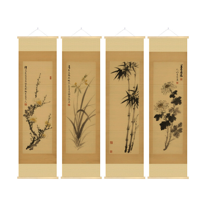 竹帘挂画梅兰竹菊卷轴画装饰画