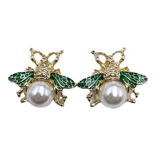 银针蜜蜂圆珍珠耳环 法式复古宫廷风耳钉vintage中古风耳饰B841