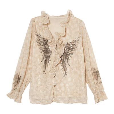 TCH26春夏新款烫钻天使之翼蕾丝荷叶边V领衬衫上衣女T78A13E1010