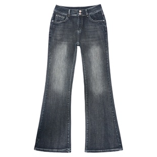 美式复古蓝加绒微喇牛仔裤女2026秋冬新款高腰显瘦弹力修身直筒裤