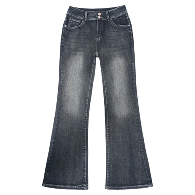 美式复古蓝加绒微喇牛仔裤2025冬