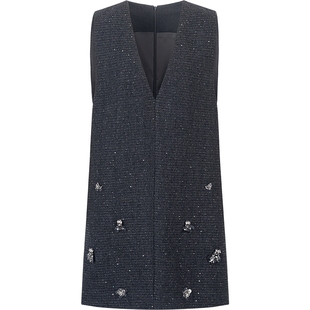 衣香丽影灰色亮片毛呢背心连衣裙女2025冬装新款无袖直筒羊毛裙子