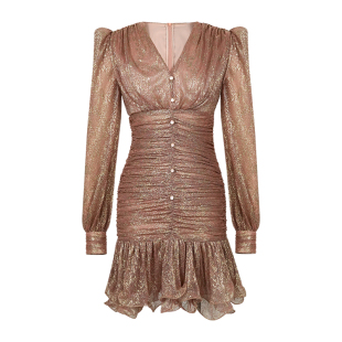 洋气减龄遮肚子褶皱V领连衣裙秋冬亮丝长袖小个子显瘦荷叶边短裙