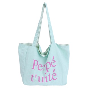 韩系多巴胺尼龙双面包慵懒风条纹彩色简约字母印花包学生通勤包袋