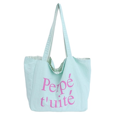 韩系多巴胺尼龙双面包慵懒风条纹彩色简约字母印花包学生通勤包袋