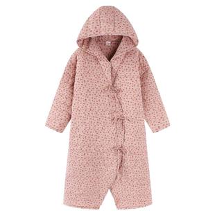 三层夹棉加厚连帽睡袍女秋冬款长袖碎花珊瑚绒浴袍加长款甜美睡衣