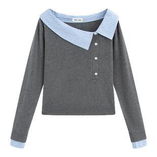 Marc Moore 2025秋季新款蓝白格纹拼接一字领上衣女羊毛针织上衣