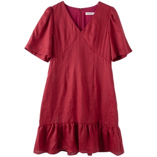 秘密盒子酣睡玫瑰 法式浪漫复古荷叶边v领宽松短袖红色亚麻连衣裙