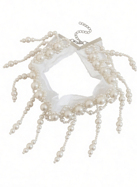 网纱珍珠流苏颈链复古choker项链