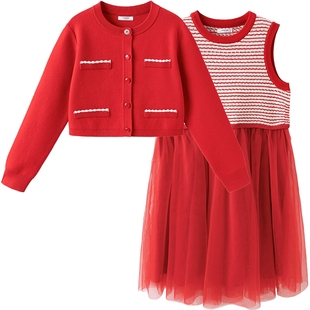 巴拉巴拉女童连衣裙套装中大童宝宝洋气红色小香风裙子儿童春秋款