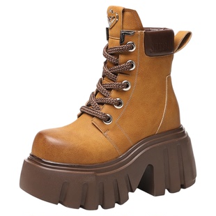 超火爆款高跟黄色马丁靴女款轻便2025秋季新真皮女士厚底松糕短靴