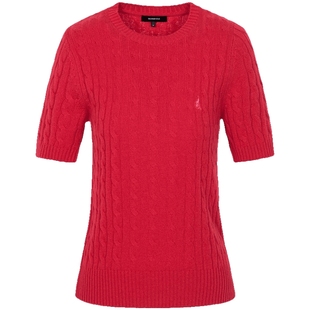 100%绵羊毛 BEANPOLE滨波 女圆领甜美风美拉蓝红色毛衣短袖针织衫