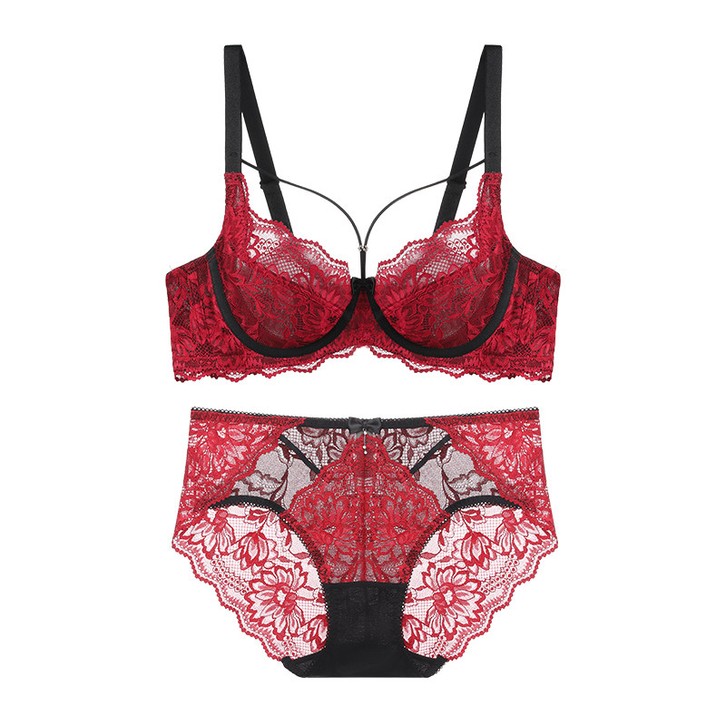 伊丝艾拉大码内衣女大胸显小胸性感蕾丝聚拢上托防下垂薄款文胸罩