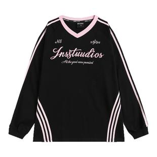 INSstudios 国潮牌美式「三条杠撞色拼接」V领长袖宽松休闲T恤男