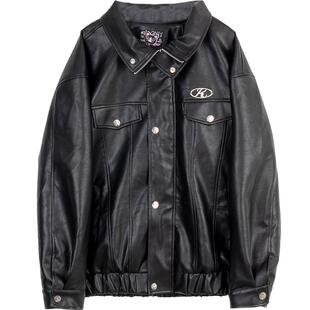 KEIKO [重工贴布绣]酷飒雾面哑光皮衣外套2026春季黑色车机皮夹克