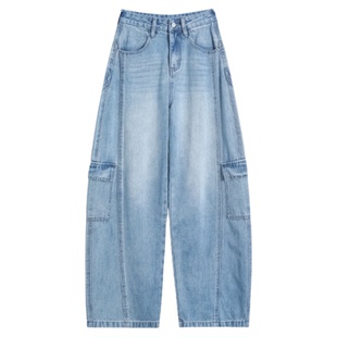 浅蓝色阔腿宽松工装牛仔裤女2026春季新款美式高腰显瘦垂感直筒裤