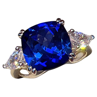 经典枕形手工切割培育合成三石蓝宝全火彩培育宝石戒指银镀金