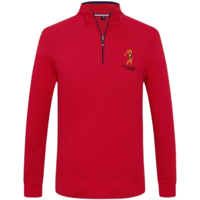 立领polo衫高尔夫大红色长袖t恤
