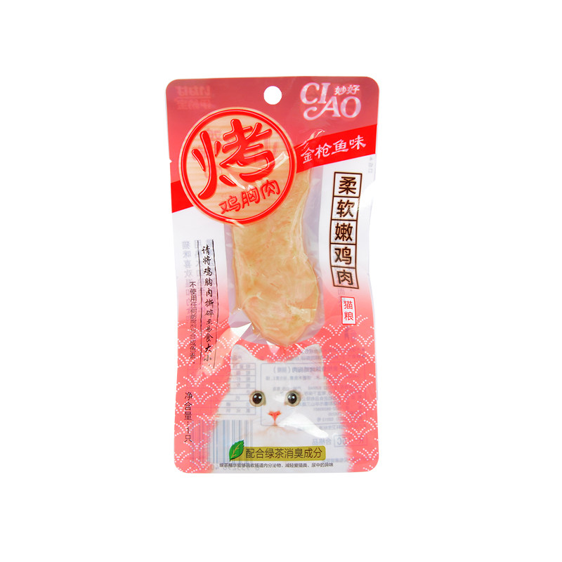 腐败猫 伊纳宝妙好CIAO猫用烤鸡胸肉鸡胸肉奖励零食猫条30g*5支装
