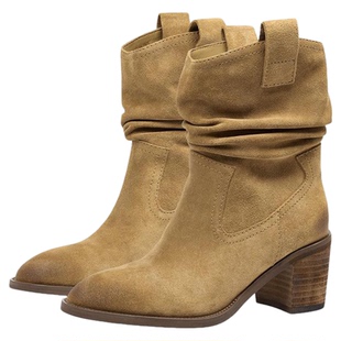 [蔡文静同款]莎莎苏秋冬新款高粗跟堆堆靴棕色复古短靴中筒西部靴