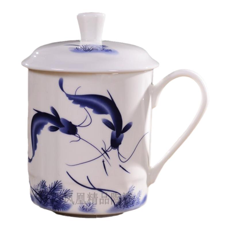 青花茶杯子骨瓷中式办公会议带盖