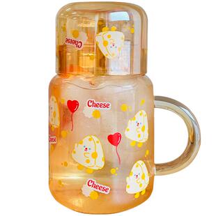 琥珀玻璃杯高颜值大容量一人饮水壶卡通喝水杯带把带盖耐高温杯子