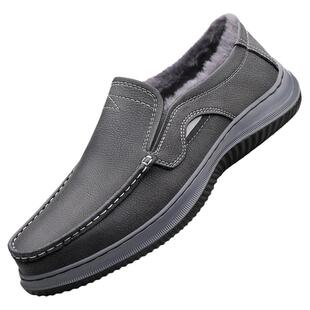 加绒真皮男鞋灰色套鞋一脚蹬懒人鞋百搭皮鞋男秋冬大码板鞋爸爸鞋