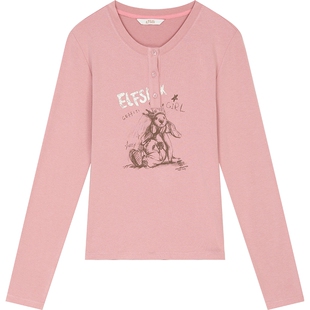 妖精的口袋米白色兔子印花长袖t恤女2026年早春新款修身薄款上衣