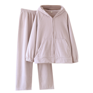 情侣雪粒绒睡衣男女加绒加厚纯色连帽家居服大码珊瑚绒法兰绒套装