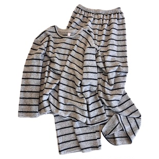 漂亮出门睡衣韩系德绒保暖撞色条纹长袖长裤休闲磨毛加厚居家服女