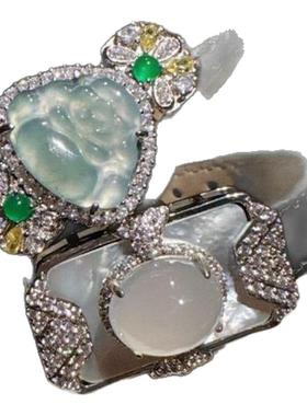 荔枝冻白玉髓蛋形宝石手表腕带 新中式 晴水蓝翡翠佛公手链 手镯