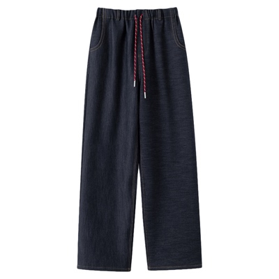 FANLE STUDIOS 加绒加厚保暖松弛牛筋高腰宽松混色绳直筒牛仔裤女