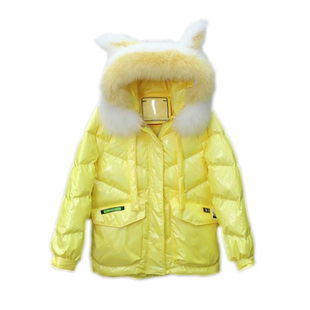 欧货新款2024冬季兔耳朵狐狸毛渐变色免洗面料短款白鸭绒羽绒服潮