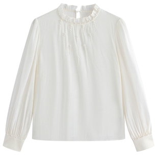 FEXATA斐格思2026春季新品优雅立领设计感钉珠国风提花白色衬衫女