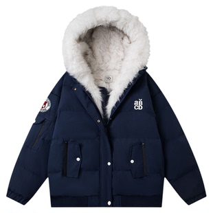 SREK美式复古高级感毛领连帽棉服女冬季新款宽松保暖加厚棉衣外套