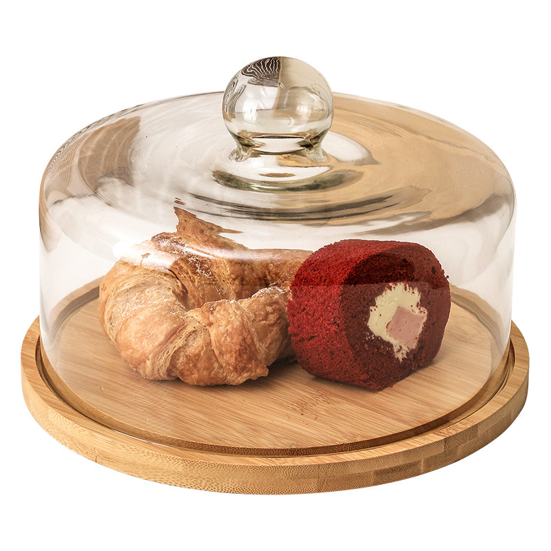蛋糕托盘旋转木质面包玻璃罩甜品