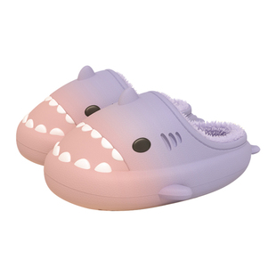 渐变鲨鱼儿童棉拖鞋女孩冬季室内居家亲子防水宝宝毛毛拖鞋男女童