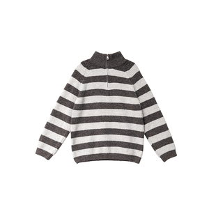不等式复古风条纹慵懒风羊毛混纺半拉链立领毛衣女百搭显瘦针织衫