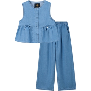 eland kids衣恋童装女童牛仔套装夏季甜美学院风马甲宽松休闲裤