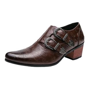 新款韩版棕色男鞋结婚鞋时尚修身尖头高跟套脚鞋透气休闲潮流皮鞋