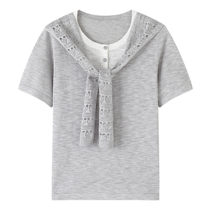 YBAI/亦白 26夏季新款时尚百搭钩花披肩冷撞色假两件短袖针织衫女