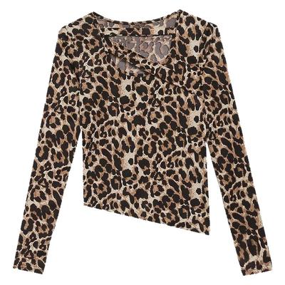 性感镂空豹纹上衣不规则打底衫女