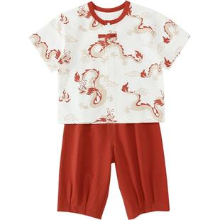 儿童套装夏季短袖九分裤男童女童薄款婴儿衣服国风龙宝宝周岁礼服