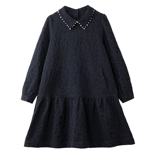 宝诗黎翻领钉珠春季长袖提花连衣裙2026新款时尚气质显瘦中长裙子