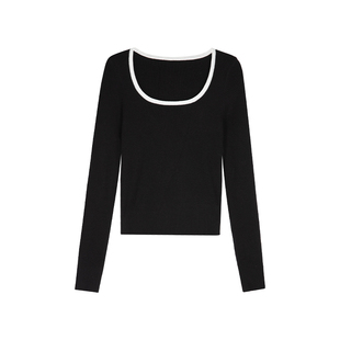 MULVAN撞色设计感针织衫女秋冬修身显瘦内搭长袖打底衫大领口上衣