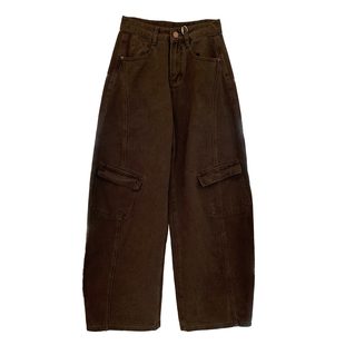 清仓特价秋冬咖啡色弯刀牛仔裤女秋冬新加厚阔腿长裤氛围感工装裤