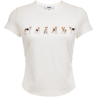 【宠物派对】ONLY2026春季新款萌宠小狗印花立体珍珠紧身短袖T恤