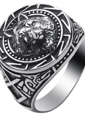 嘻哈潮男钛钢复古维京狼头戒指