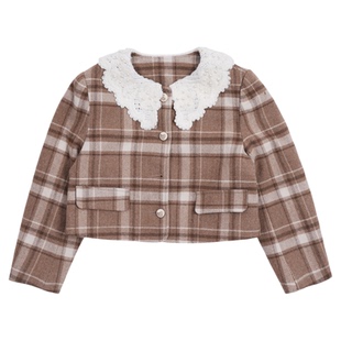 memoryin童装格纹套装蕾丝翻领毛呢开衫松紧腰短裙复古甜美两件套
