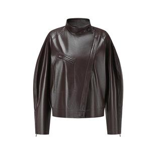 deepmoss X LOOKNOW2025年秋季新款摩卡棕蛋白皮斜襟拉链短外套女